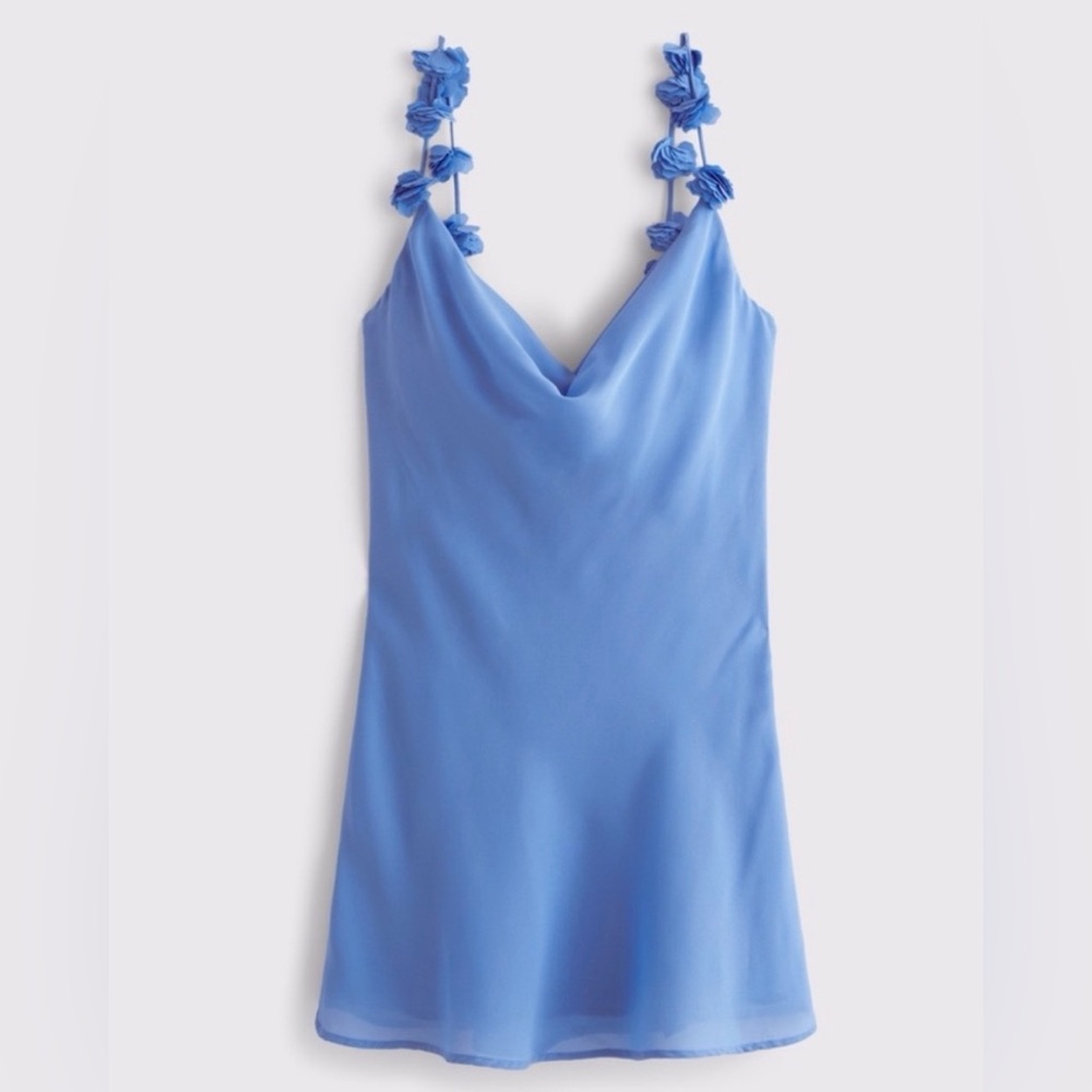Abercrombie blue cowl neck pom strap mini dress - size large NWT